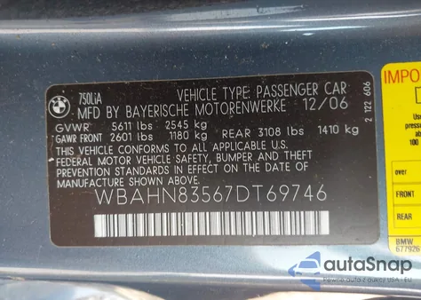 2007 BMW 750Li z USA, uszkodzony, nr VIN WBAHN83567DT69746